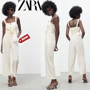 ZARA LONG BELTED SLEEVELESS JUMPSUIT ECRU CREAM Sz L NWT
